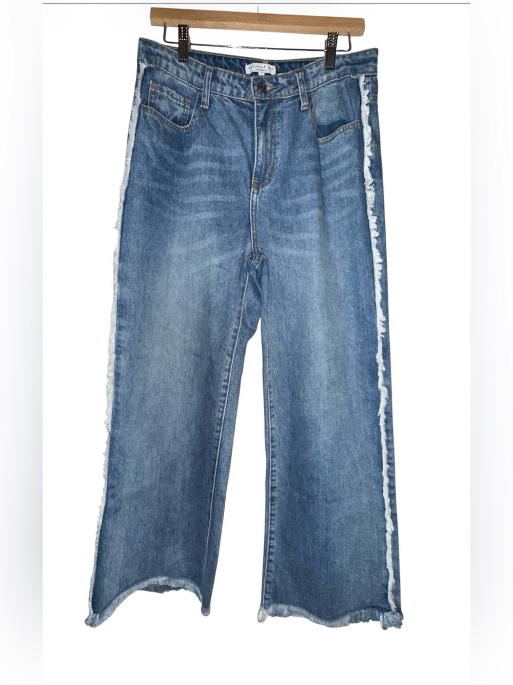 Frayed Side-Stripe Wide Leg Jeans - Light Blue Denim